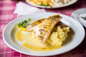 Zander fillet with mashed potato.