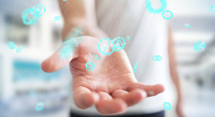 Businessman using flying network connection interface 3D rendering