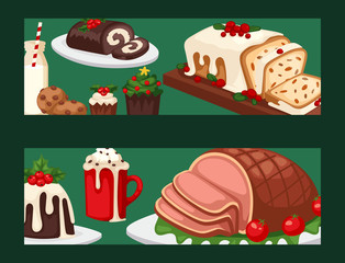Christmas food banner and desserts holiday decoration xmas sweet celebration vector traditional festive winter cake homemade dish.