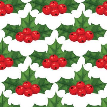 Christmas berry decorative leaves holly branches with winter red berries seamless pattern background evergreen floral plant vector illustration