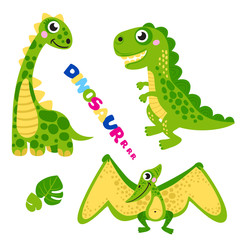 Obraz premium Set of cute vector dinosaurs isolated on white background. Cartoon dinosaurs, monster animal, dino, prehistoric character. Vector illustration