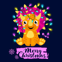 Cute winter holiday illustration with funny dinosaur with garland. Christmas and New Year vector card