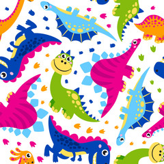 Seamless pattern of cute vector dinosaurs, monster animal, dino,  prehistoric character. Vector backround. Ideal for cards, invitations, party, banners, kindergarten, baby shower