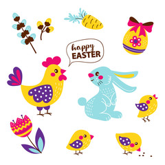 Set of Happy Easter Objects. Flat Design Vector Illustration. Set of Spring Religious Christian Colorful Items.