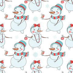 Christmas seamless pattern with cute couple snowmen