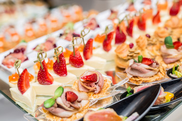 Gourmet appetizers: caviar, venison, tuna and salmon.