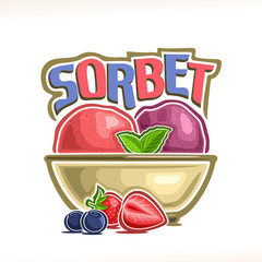 Vector logo for Berry Sorbet, red strawberry & purple blueberry sherbet scoop ball in bowl, decorative font for word title sorbet, summer frozen ice cream dessert with garnish of mint leaves & berries