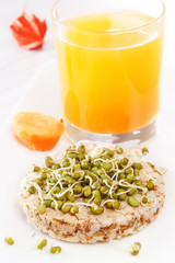 Sprouted grains on  puffed wheat cakef, fresh juice, carrots. Healthy food from natural products. closeup