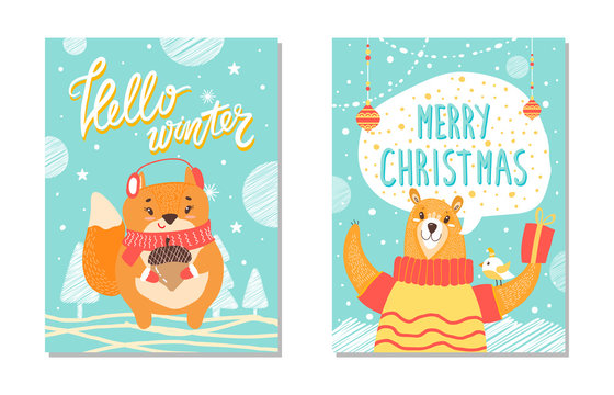 Hello Winter Christmas Set Vector Illustration
