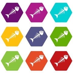 Fish bone icon set color hexahedron