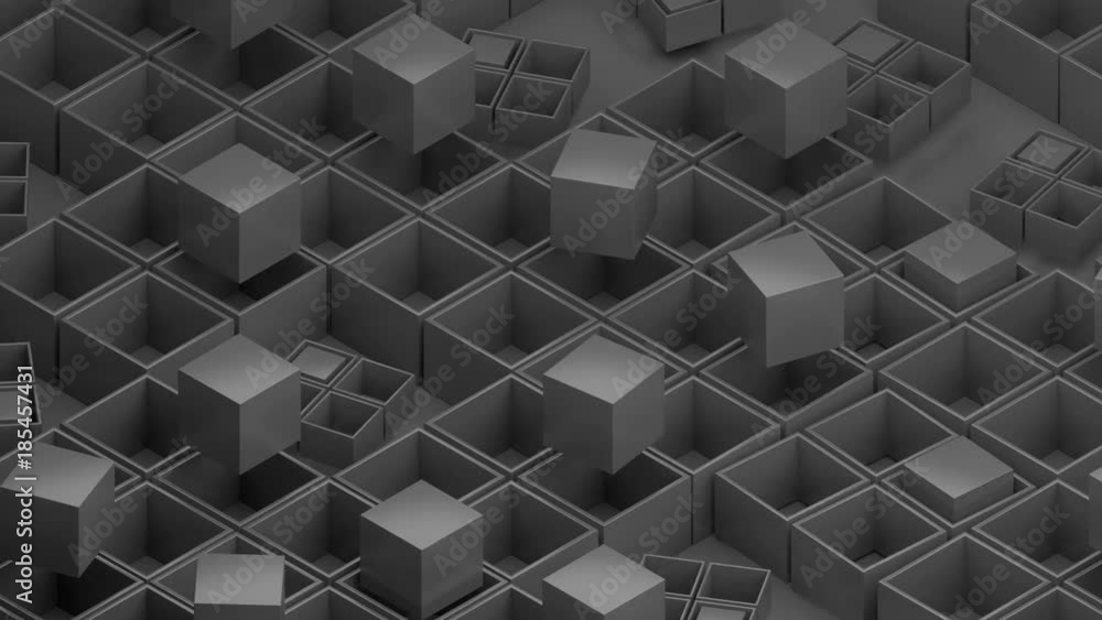 Poster 3d rendered loopable abstract background with rotation elements. square and cube forms structure.