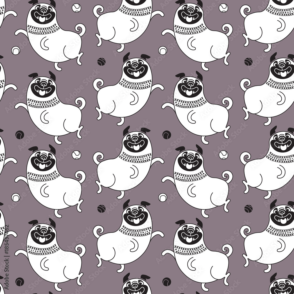 Poster funny pugs seamless pattern. vector background with a joyful dog for design