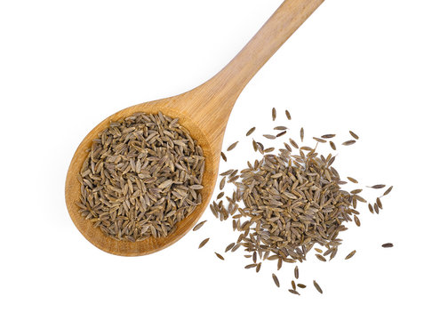 dried cumin seed or caraway in wooden spoon isolated on white background, flat lay, top view