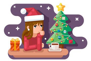 Cute girl wating for new year chrismas tree santa claus hat gift box flat design vector illustration