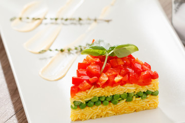 Vegetarian food, rice salad with vegetables, healthy meals