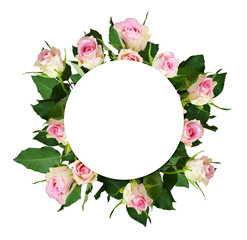 White and pink rose flowers bouquet and a round place for text