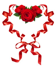 Curled red silk ribbons in a hart shape with rose flowers arrangement for Valentine’s Day