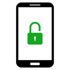 Smartphone with open lock symbol on screen. Gadget security concept. Vector icon.