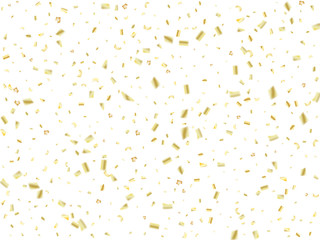 Golden Tinsel Flying Confetti. Christmas, New Year, Birthday Party Background. Holidays Creative Luxury VIP Confetti Decoration. Gold Glitter, Sparkling Rich Border. Elegant Texture, Golden Tinsel.