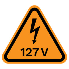 127 VOLT caution sign in yellow triangle. Vector icon.