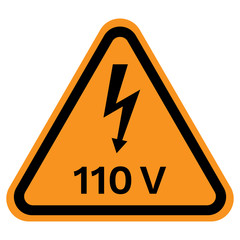 110 VOLT caution sign in yellow triangle. Vector icon.