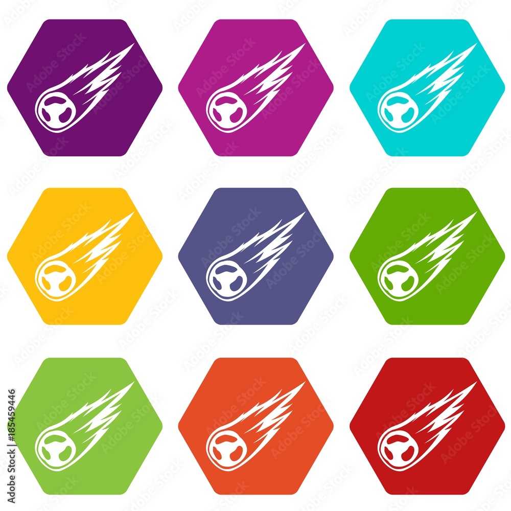 Poster falling meteor with long tail icon set color hexahedron