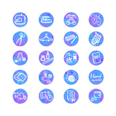 Colorful set with outline icons of sewing equipment and needlework