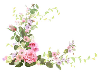 Angled frame with roses, spring blossom (bloom), branches with mauve, pink apple tree flowers, buds, green leaves on white background. Digital draw, illustration in watercolor style, vintage, vector