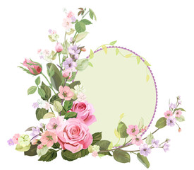 Round frame with roses, spring blossom (bloom), branches with mauve, pink apple tree flowers, buds, green leaves on white background. Digital draw, illustration in watercolor style, vintage, vector