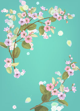 Angled vertical frame with spring blossom (bloom), branches with mauve, pink apple tree flowers, buds, green leaves on turquoise background. Illustration in watercolor style, vintage, vector