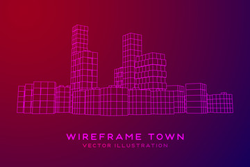Mesh low poly wireframe cubes array like skyscraper city. Connected lines town. Connection Box Structure. Digital Data Visualization Concept. Vector Illustration.