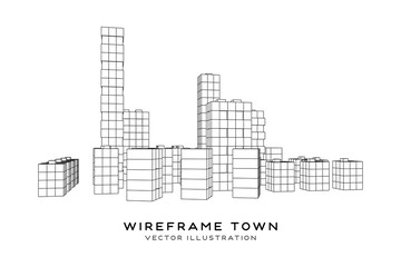 Mesh low poly wireframe cubes array like skyscraper city. Connected lines town. Connection Box Structure. Digital Data Visualization Concept. Vector Illustration.