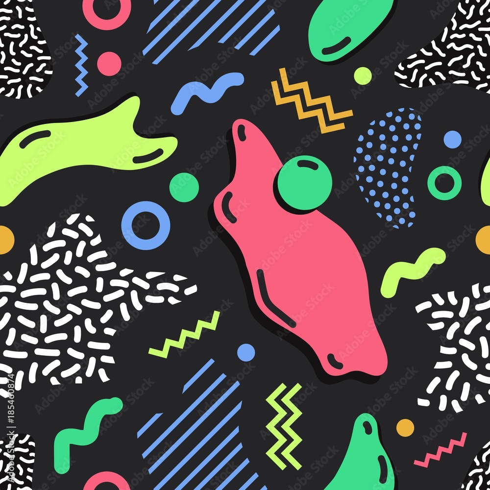 Poster Modern simple seamless pattern with bright colored stains, lines and shapes of various texture on black background. Trendy abstract backdrop. Vector illustration in retro style for fabric print.