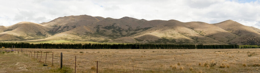 anoramic view of field and mountain range in New Zealand.