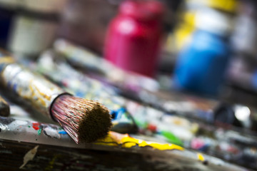 Artistic paintbrushes and paint