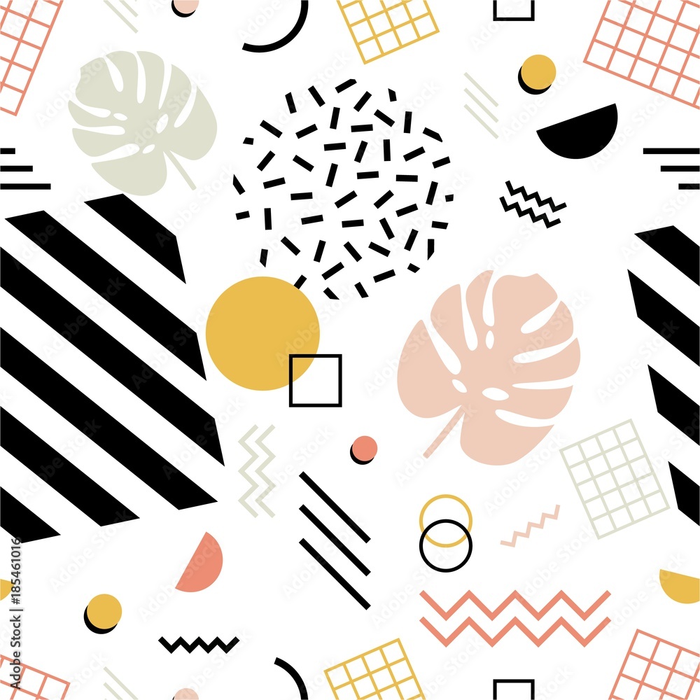 Poster seamless pattern with exotic monstera leaves, geometric shapes of various texture and zigzag lines o