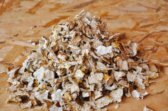 Dried porcini mushrooms. Background with dry mushrooms, boletus edulis as spice for cooking