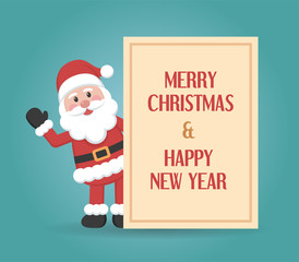 Santa Claus cartoon character with board in flat style. Concept of Christmas and Happy New Year. Vector illustration. 2018.