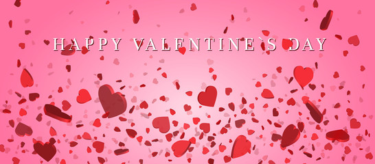 Heart confetti of Valentines petals falling on pink background. Flower petal in shape of heart confetti for Women's Day