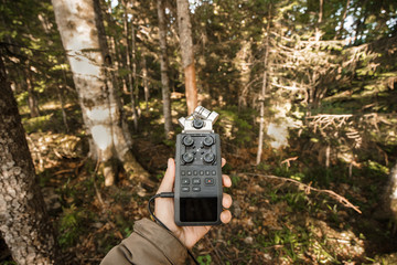 Record sounds and noise of the forest on a digital hand-held microphone. A man holds an audio...