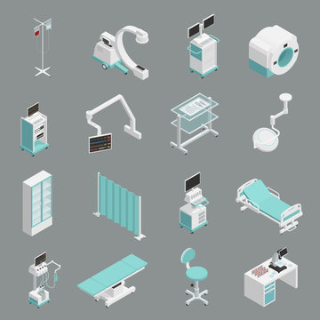 Hospital Equipment Isometric Icons Set 