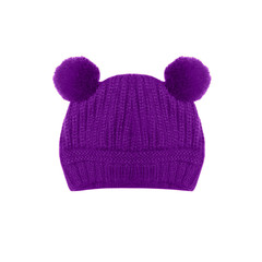 Purple funny knitted hat with ears bear isolated on a white background