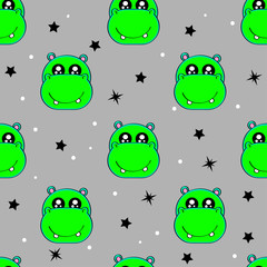 Cute kids hippo pattern for girls and boys. Colorful hippo, stars on the abstract background create a fun cartoon drawing. The hippo pattern is made in neon colors. Urban pattern for textile