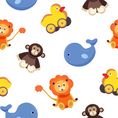 Childish seamless pattern with funny adorable toy animals - monkey, duck, whale, lion on white background. Colorful vector illustration for wallpaper, textile print, backdrop, wrapping paper.