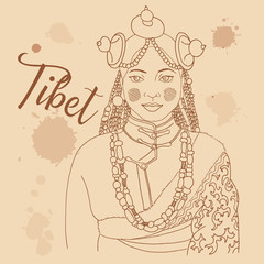 Fototapeta na wymiar Tibetan girl retro style travel poster postcard hand drawn sketch