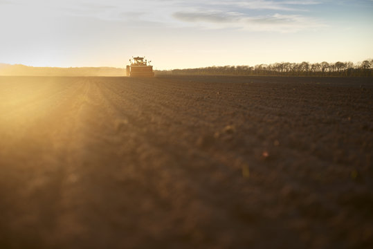 Red tractor plow field