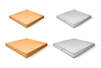 Set of brown cartoon and paper pizza box. Vector illustration of cardboard box. Realistic 3d closed isometric pizza isolated perspective view.
