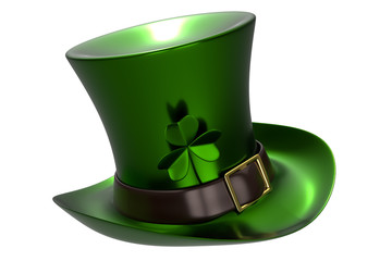 3d rendering of a Green hat with clover of St. Patrick's Day, isolated on white background with clipping paths included for split background.