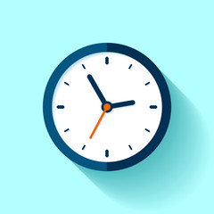Clock icon in flat style, timer on blue background. Business watch. Vector design element for you project