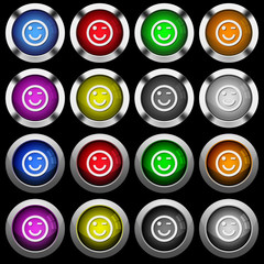 Winking emoticon white icons in round glossy buttons on black background